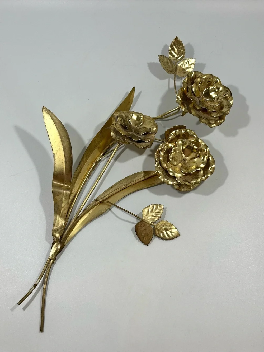 Vintage Brass Gold Tone Rose Floral Wall Sculpture 3D Botanical Metal Decor 18”